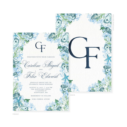 Watercolor wedding invitation with blue floral border, monogram GF, and couple names on front