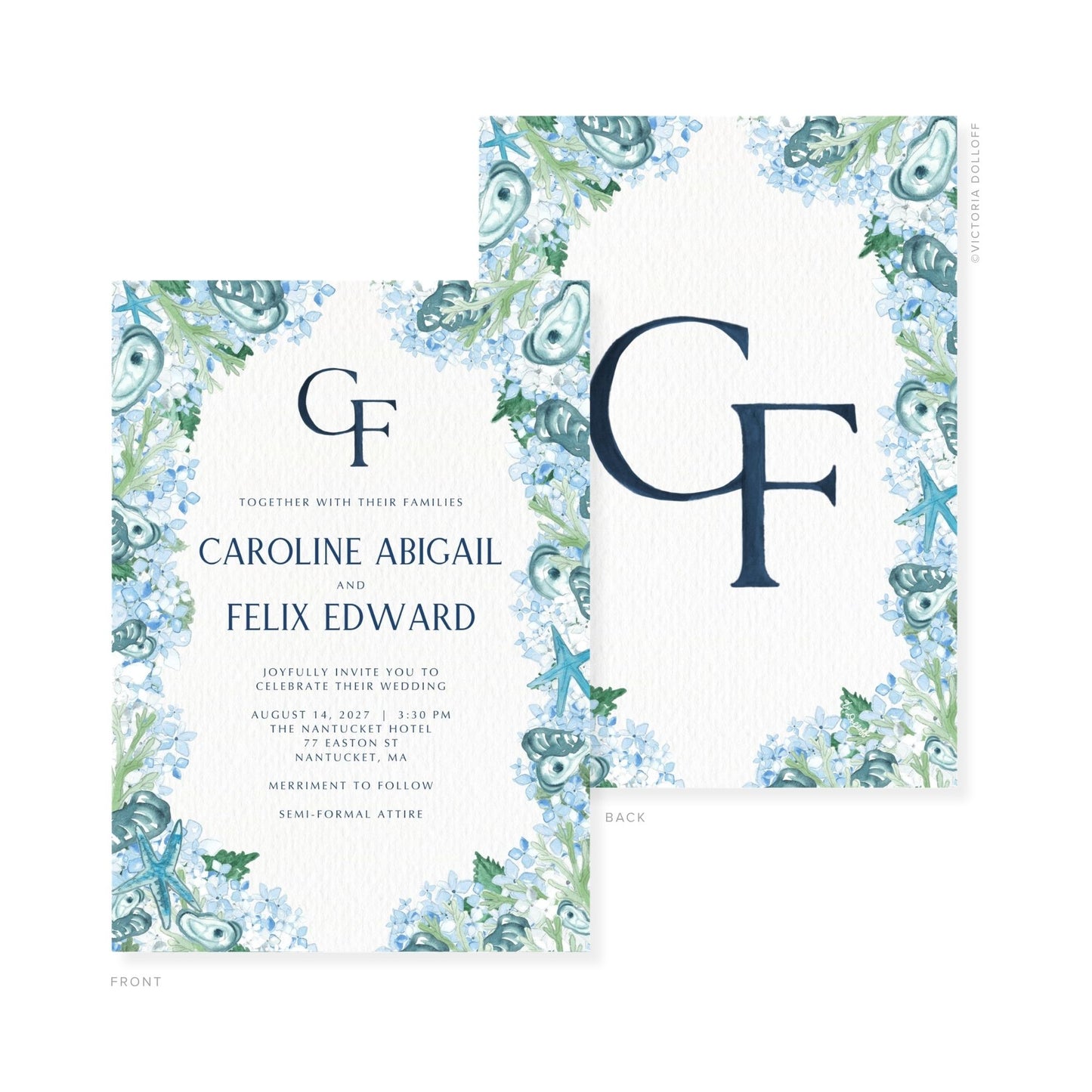 Wedding invitation front with blue monogram GF and watercolor floral frame; back card partly visible