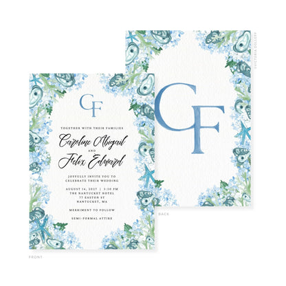 Watercolor wedding invitation showing monogram CF, blue floral watercolor frame