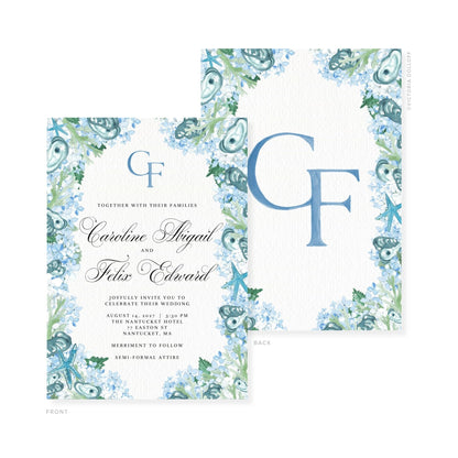 Watercolor wedding invitation with monogram CF and blue floral watercolor corners