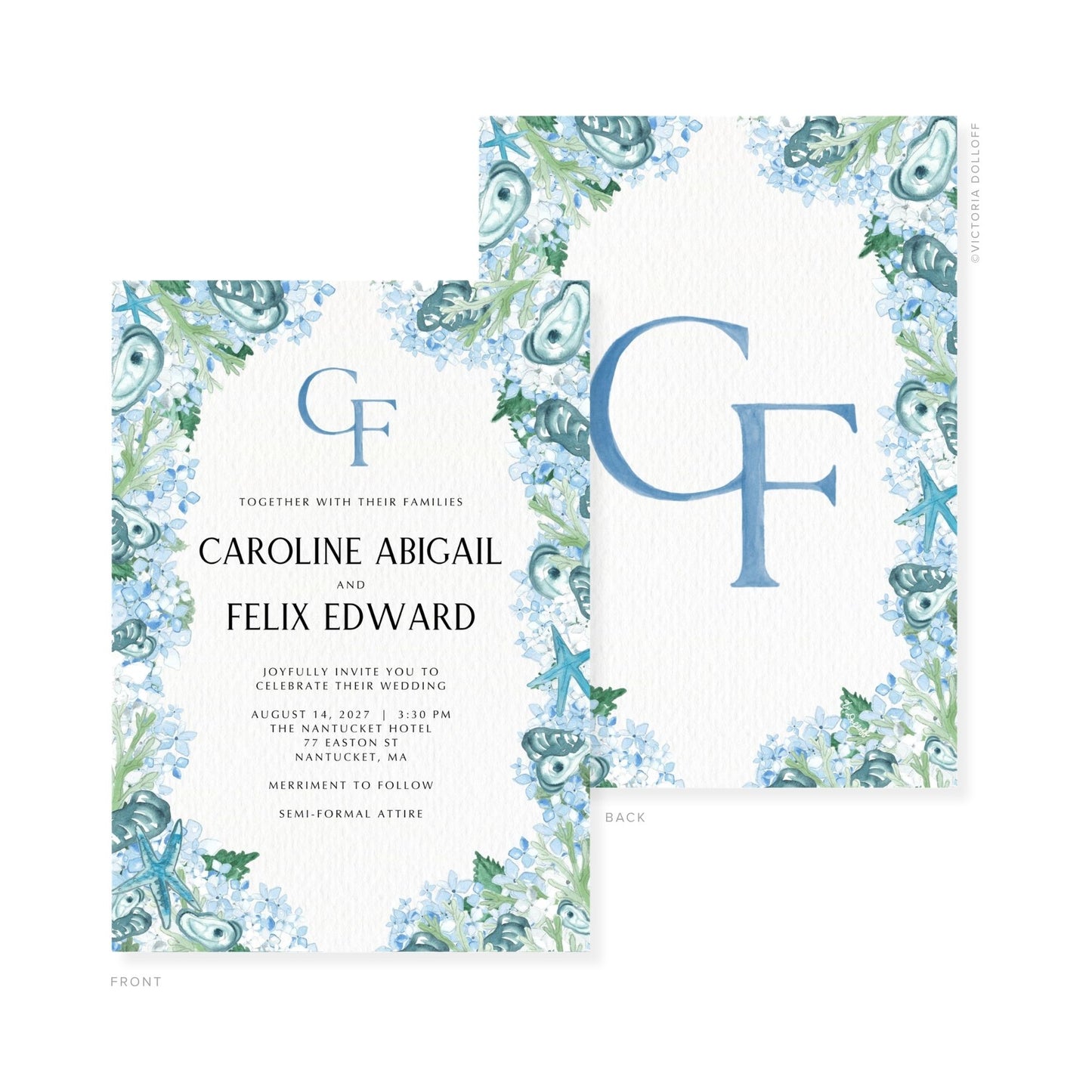 Watercolor wedding invitation set with monogram CF, blue floral design and names