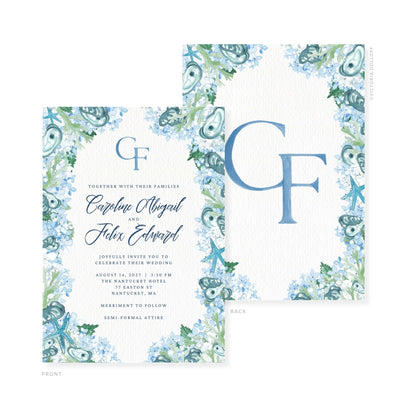 Watercolor wedding invitation with monogram CF; blue floral frame on front and back
