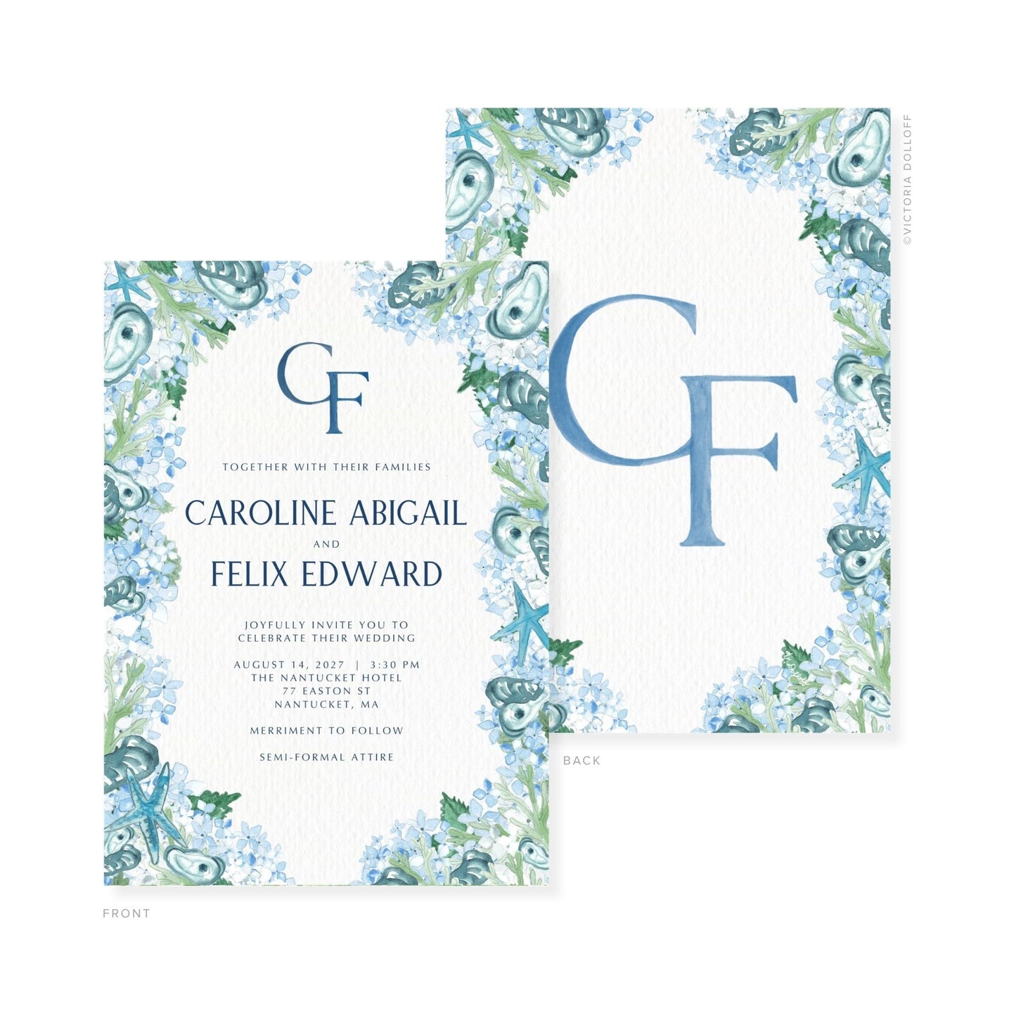 Wedding invitation with blue floral watercolor border and large monogram GF, front and back view