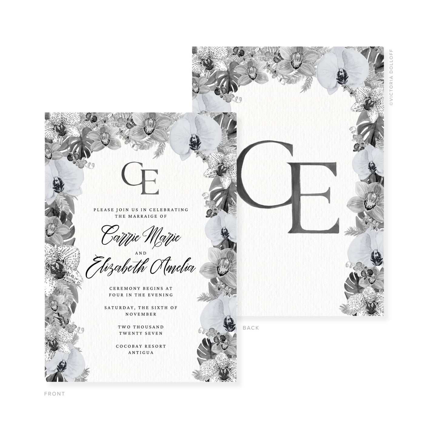 Wedding invitation with dark charcoal monogram, floral border, and couple names