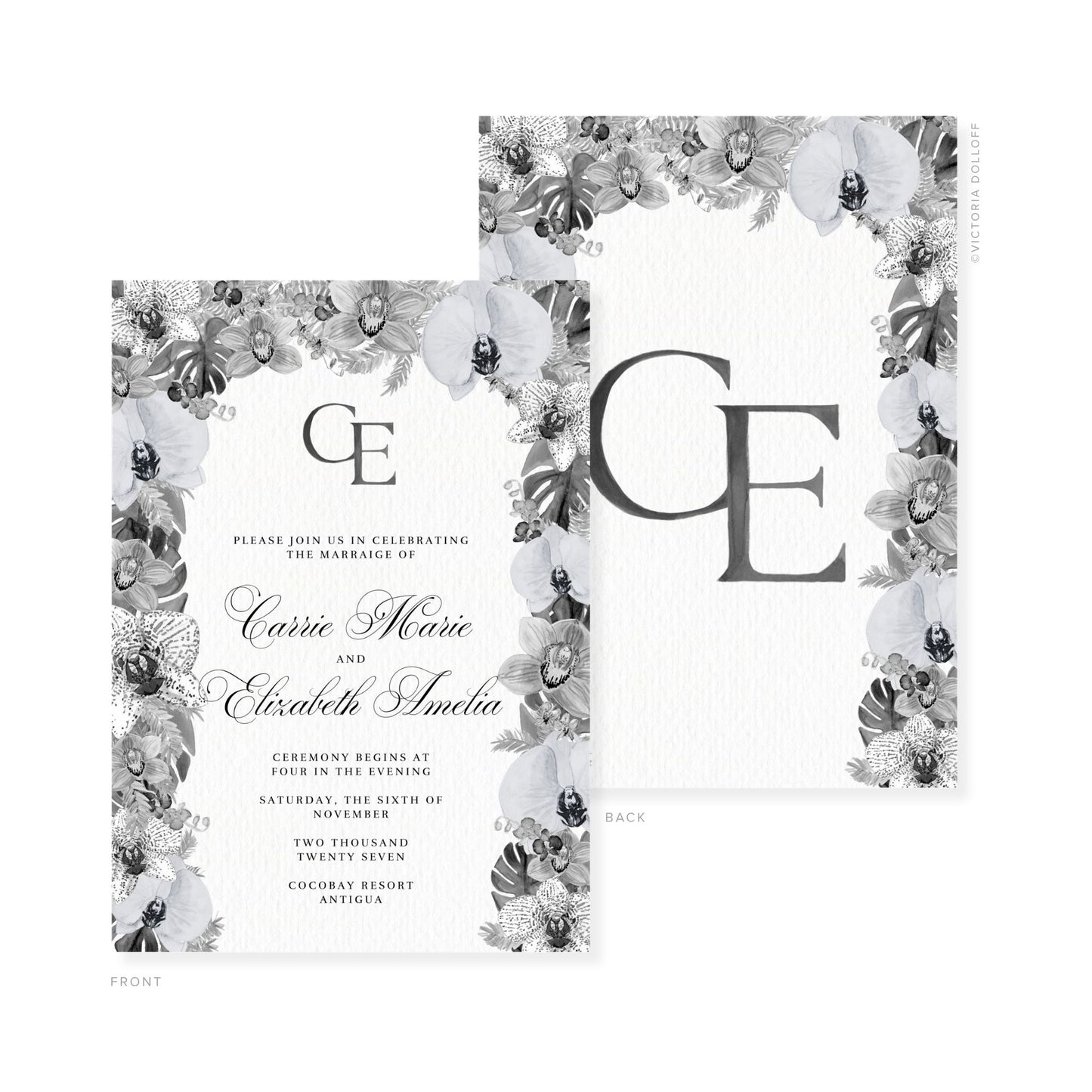 Carrie Collection invitation set with charcoal monogram on front and back cards