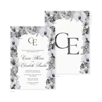 Carrie Collection invitation set with charcoal monogram on front and back cards