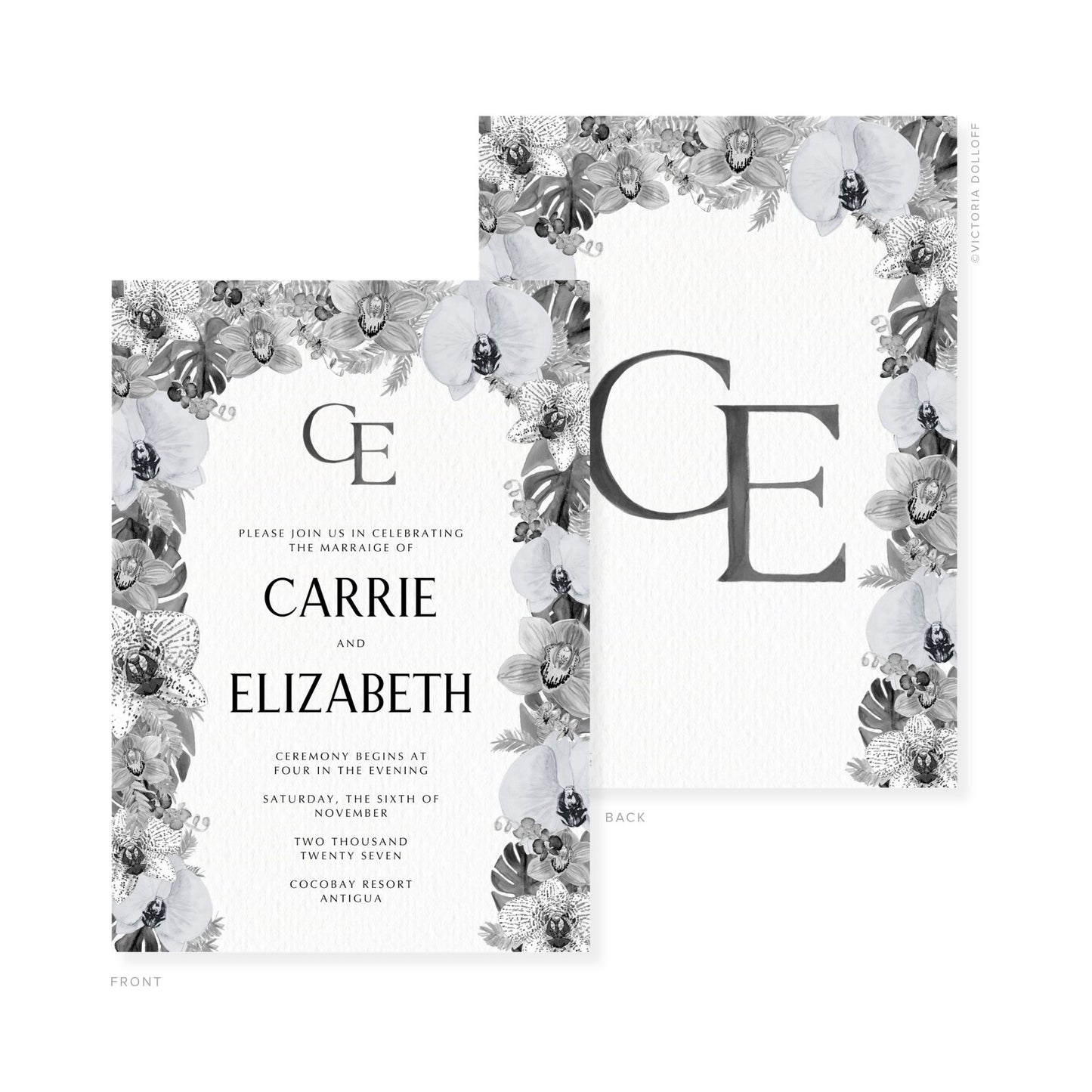 Watercolor wedding invitation set with floral border and monogram E for Carrie & Elizabeth