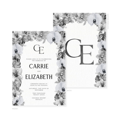 Watercolor wedding invitation set with floral border and monogram E for Carrie & Elizabeth