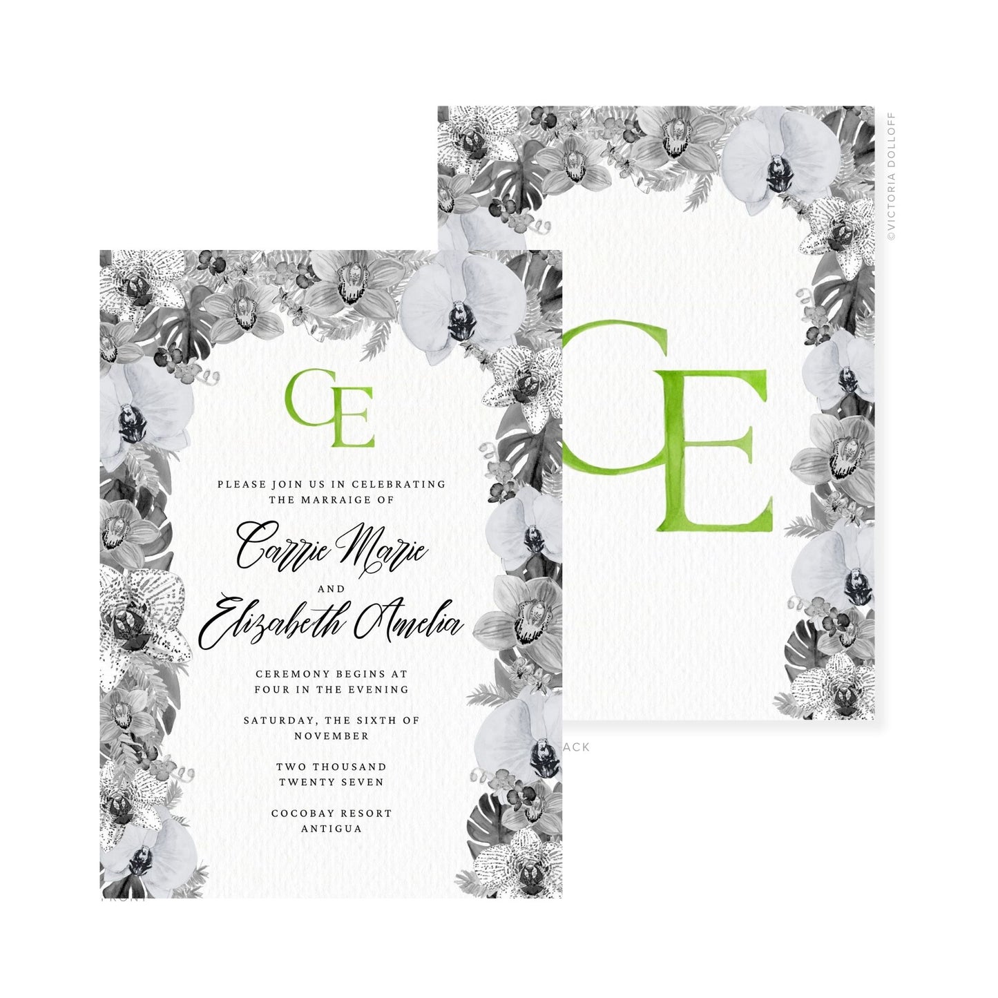 Wedding invitation with green monogram, floral corner frame, and couple names in script