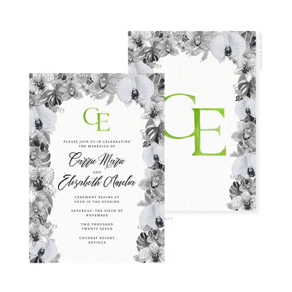 Wedding invitation with green monogram, floral corner frame, and couple names in script