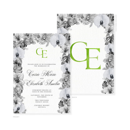 Carrie Collection invitation set showing green monogram on front and back cards
