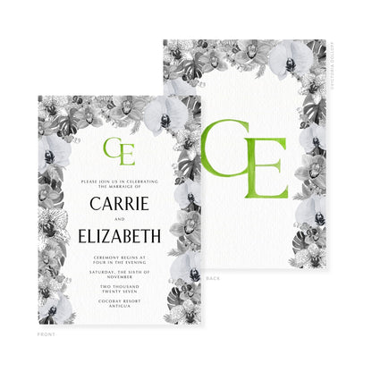 Wedding invitation with front card and green monogram, floral border, event details