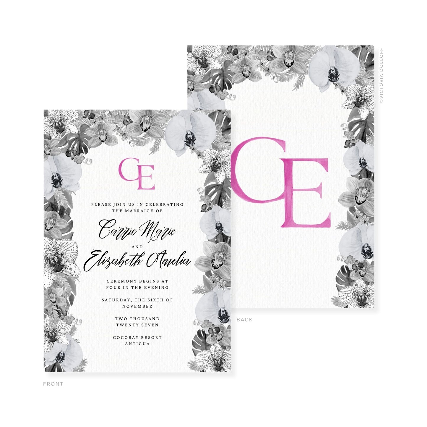 Wedding invitation set with orchid-pink monogram, floral border, and script couple names