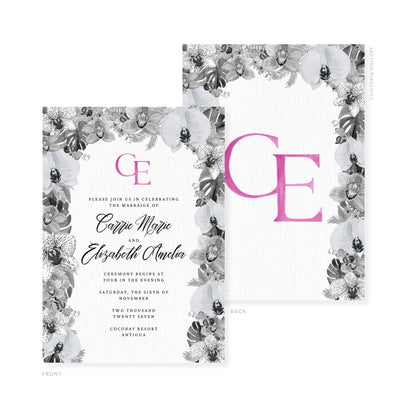 Wedding invitation set with orchid-pink monogram, floral border, and script couple names