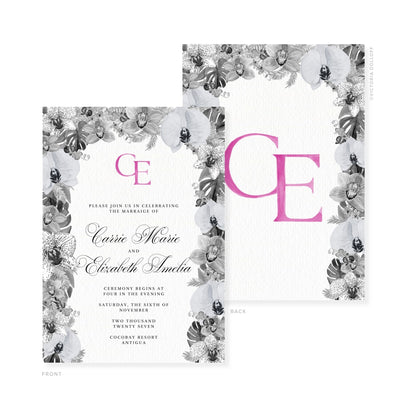 Wedding invitation with orchid-pink monogram, floral corner frame, and event text