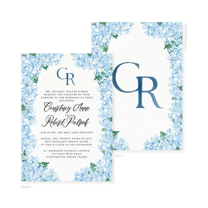 Blue watercolor wedding invitation front with monogram CR and floral corners