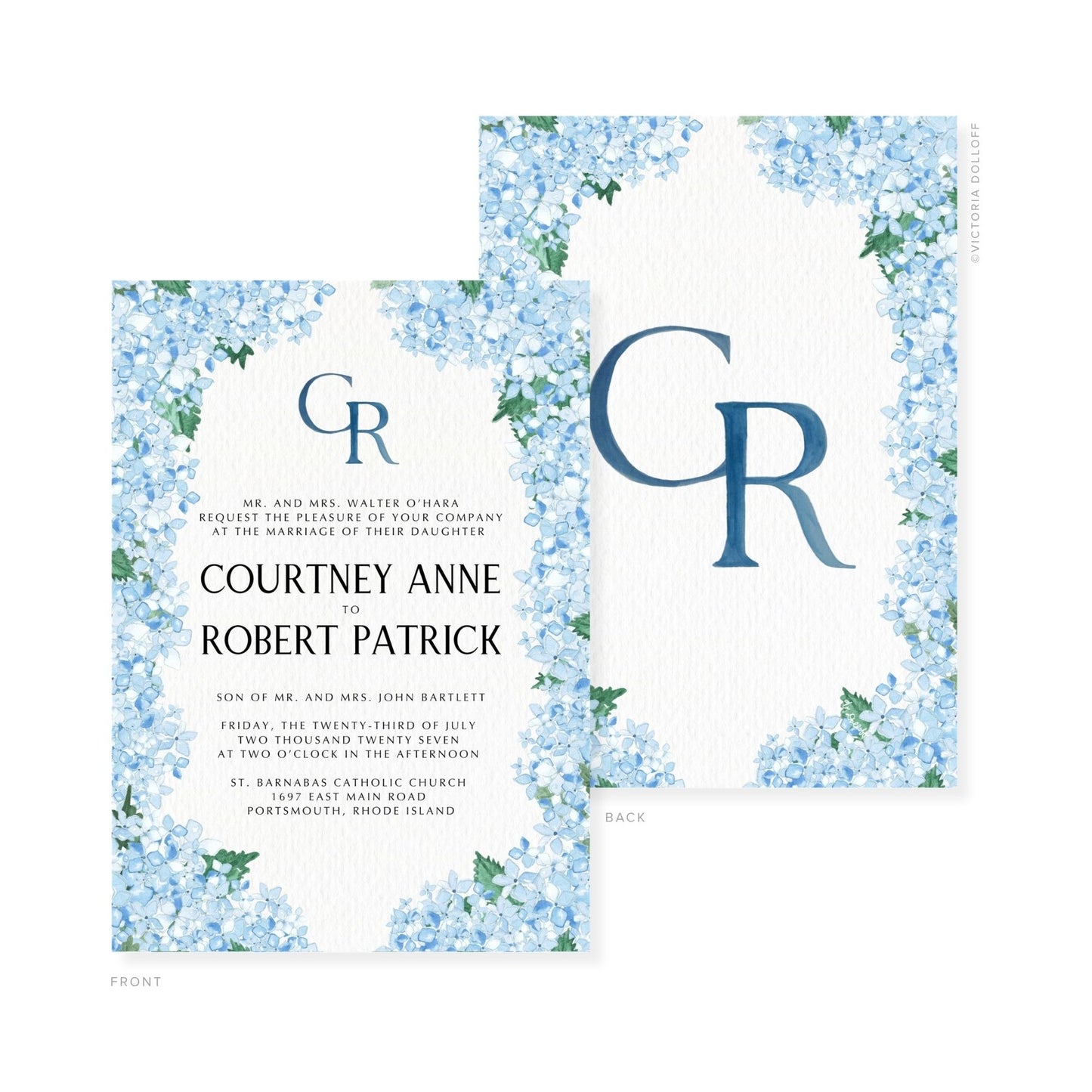 Watercolor invitation front with monogram CR and blue script couple names