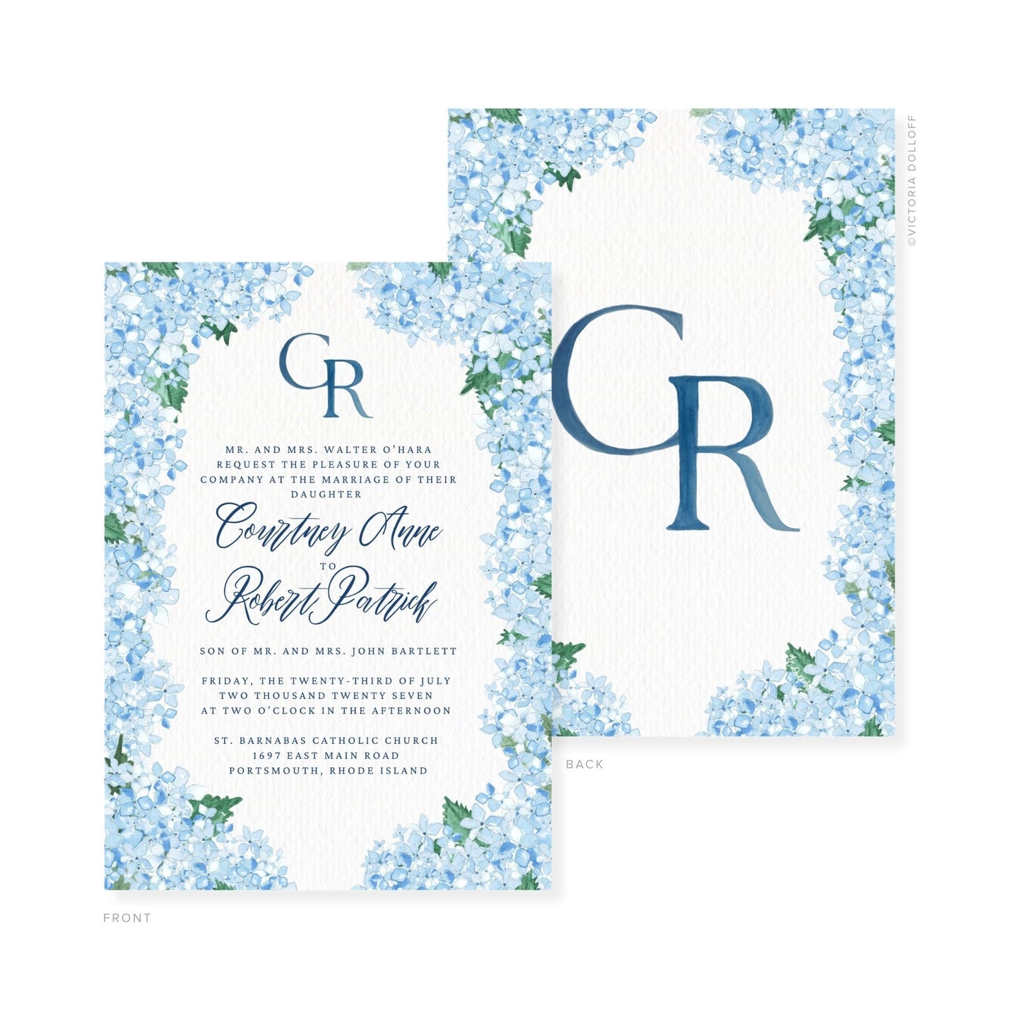 Watercolor wedding invitation set with blue monogram GR and floral watercolor corners