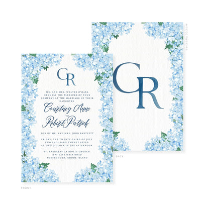 Watercolor wedding invitation set with blue monogram GR and floral watercolor corners