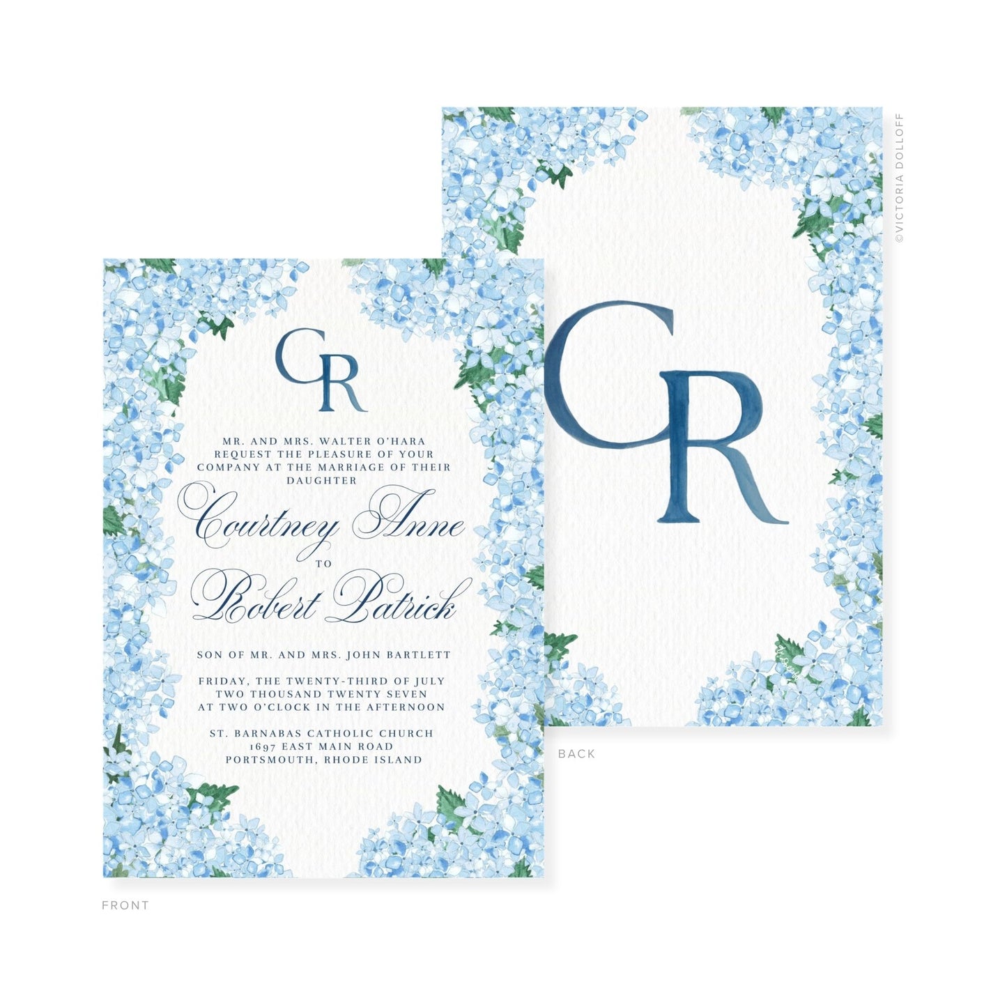 Watercolor wedding invitation front showing monogram CR and couple names in blue