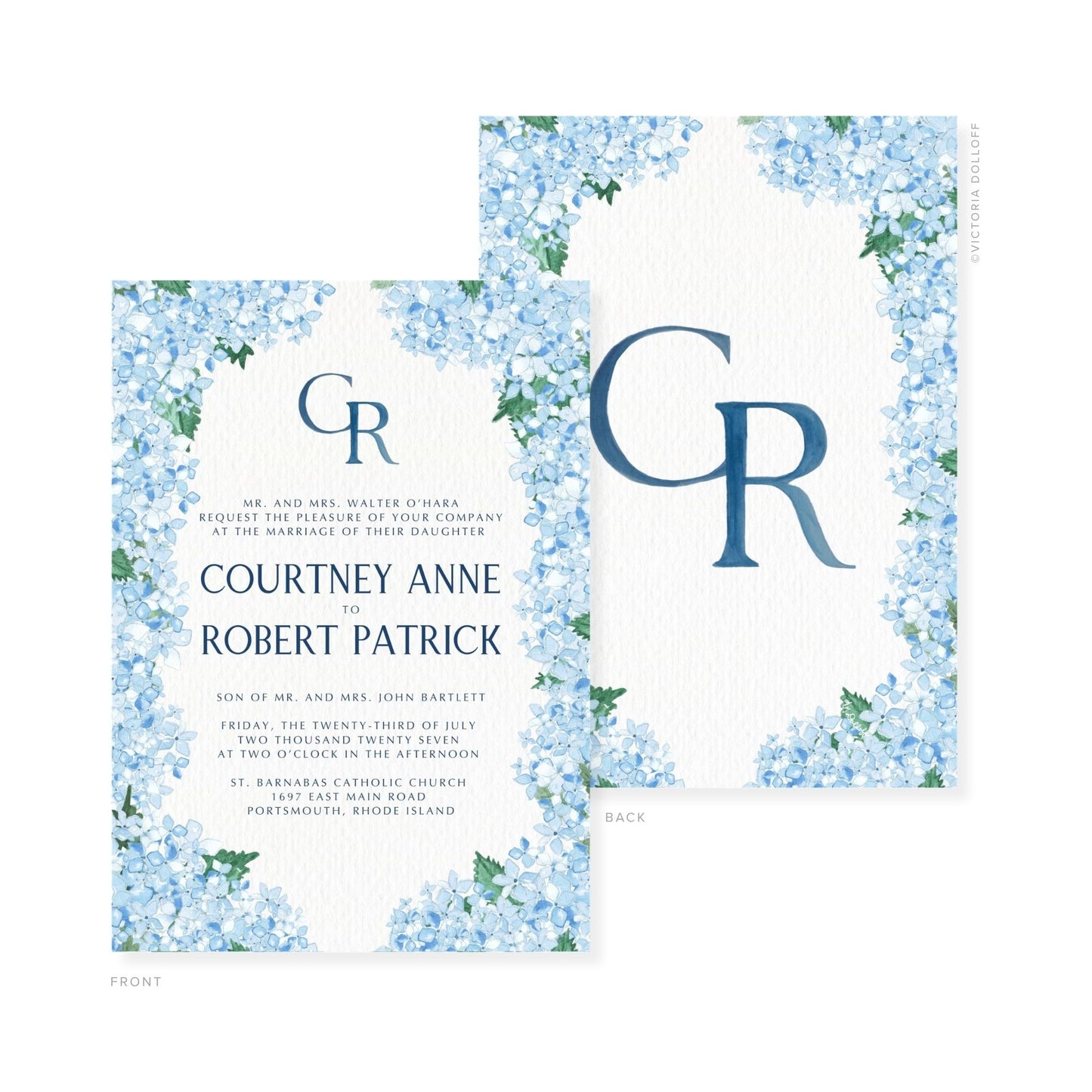 Wedding invitation layout: front floral panel and back card labeled “BACK”