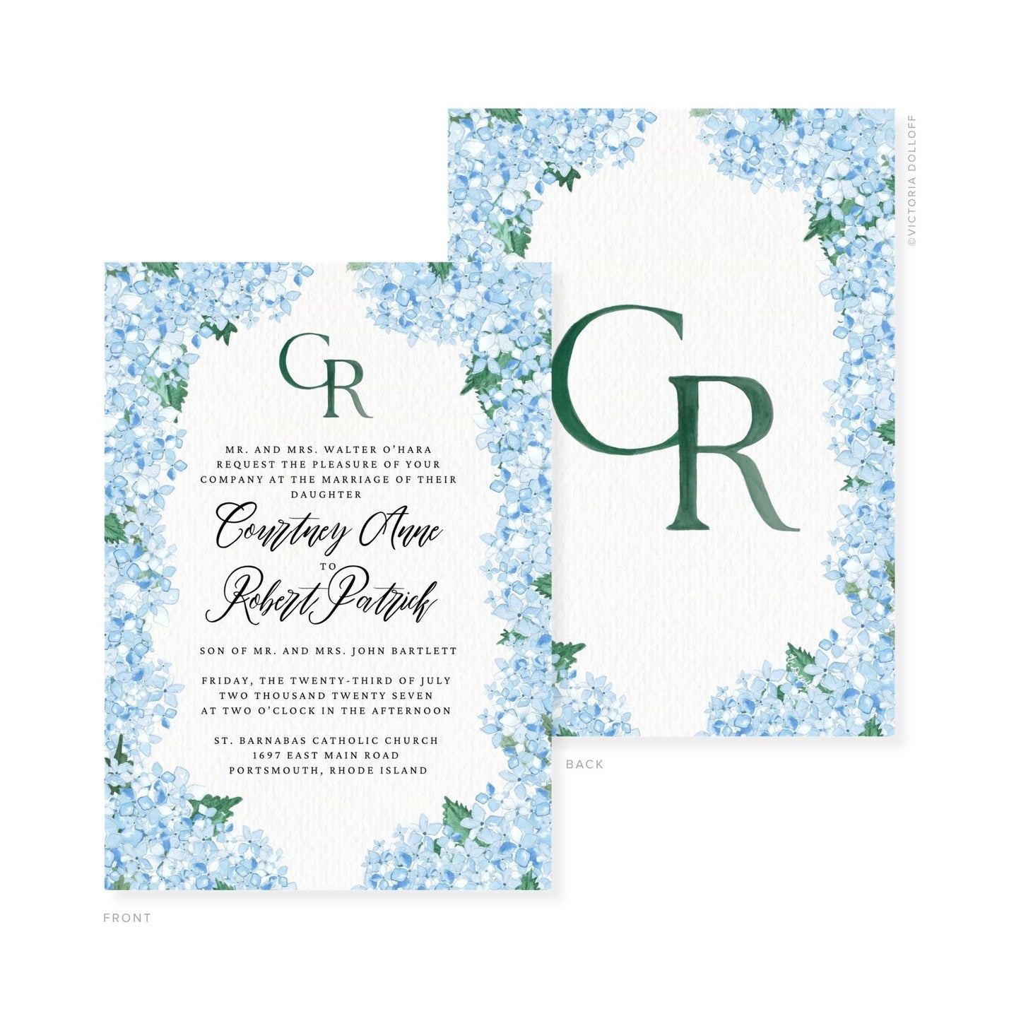 Watercolor wedding invitation with green monogram GR and names Courtney Anne and Robert Patrick