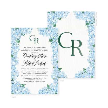 Watercolor wedding invitation with green monogram GR and names Courtney Anne and Robert Patrick