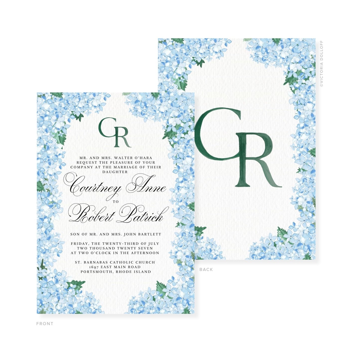 Watercolor wedding invitation set featuring green monogram GR on a blue floral frame