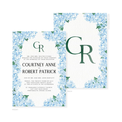 Watercolor wedding invitation front and back, green monogram GR over blue hydrangea-style flowers