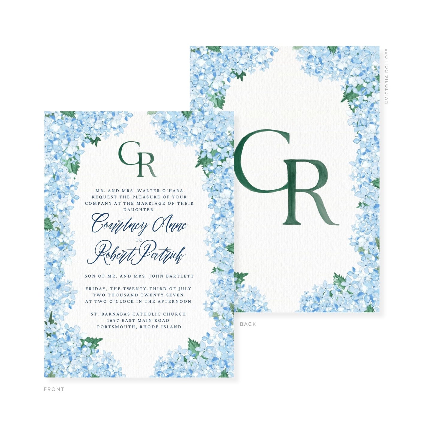 Watercolor wedding invitation set with dark green monogram GR and blue floral wreath corners