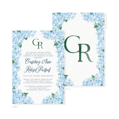 Watercolor wedding invitation set with dark green monogram GR and blue floral wreath corners