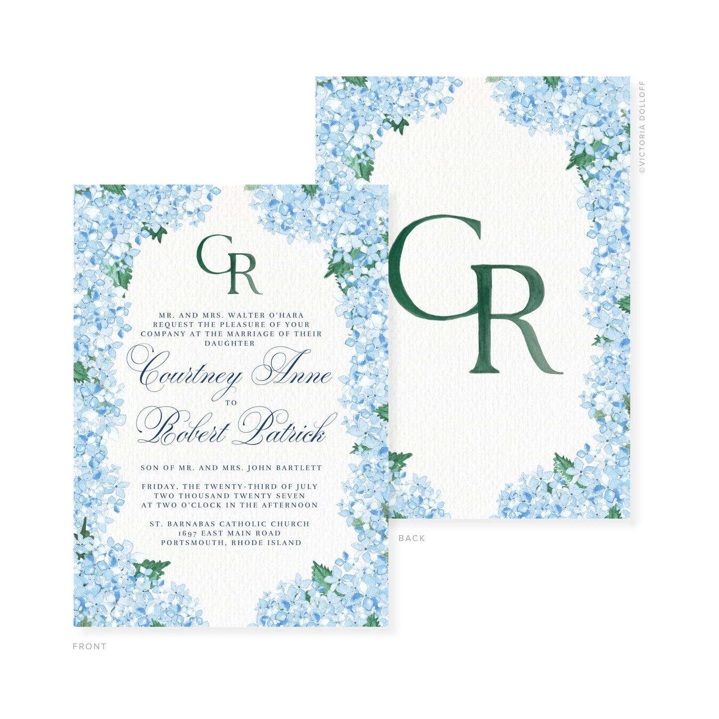 Watercolor wedding invitation front and back, green monogram GR with floral watercolor border