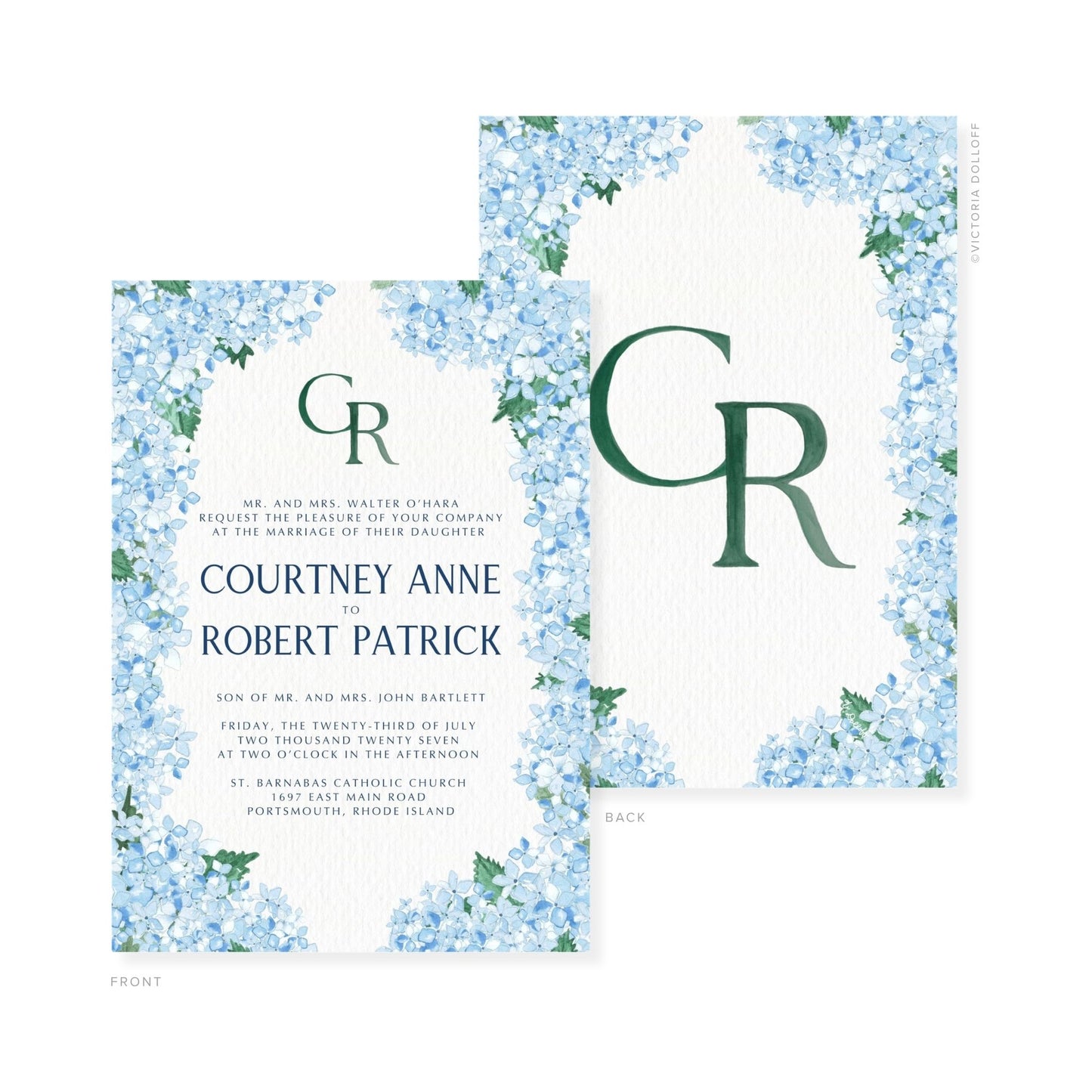 Watercolor wedding invitation with green monogram GR and event details in small text