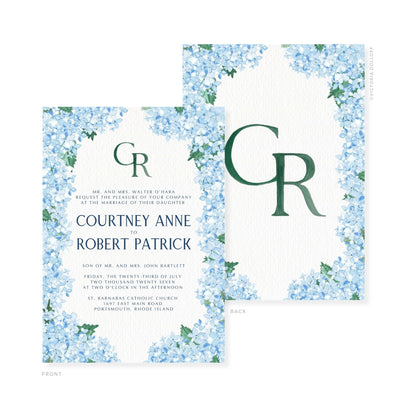 Watercolor wedding invitation with green monogram GR and event details in small text