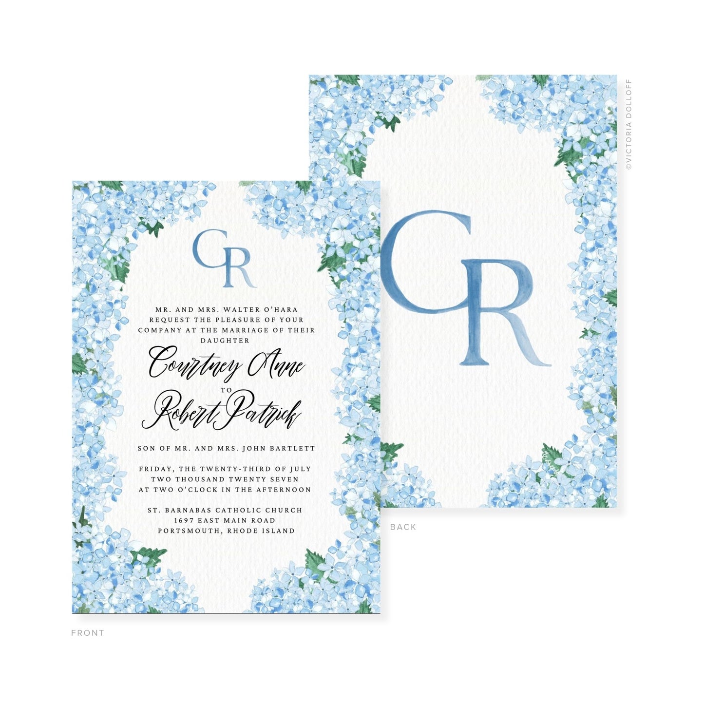 Watercolor wedding invitation front with CR monogram and blue floral border