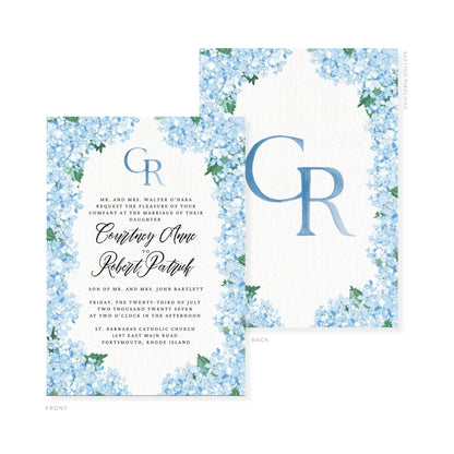 Watercolor wedding invitation front with CR monogram and blue floral border