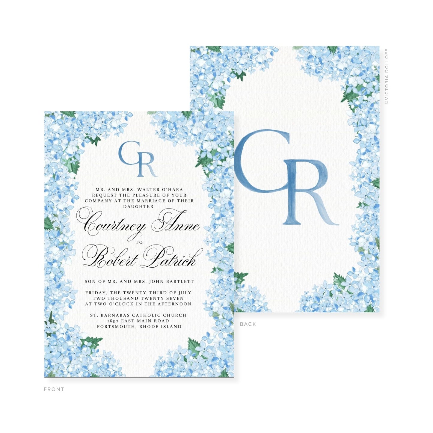 Watercolor wedding invitation set with blue floral corners and monogram initials GR