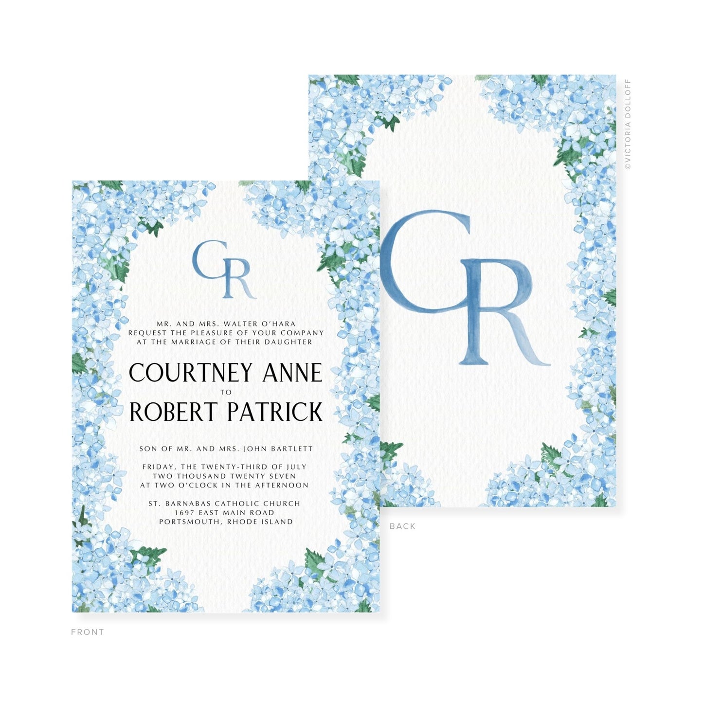 Watercolor wedding invitation front and back, blue monogram GR over floral watercolor border