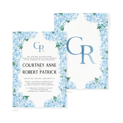 Watercolor wedding invitation front and back, blue monogram GR over floral watercolor border