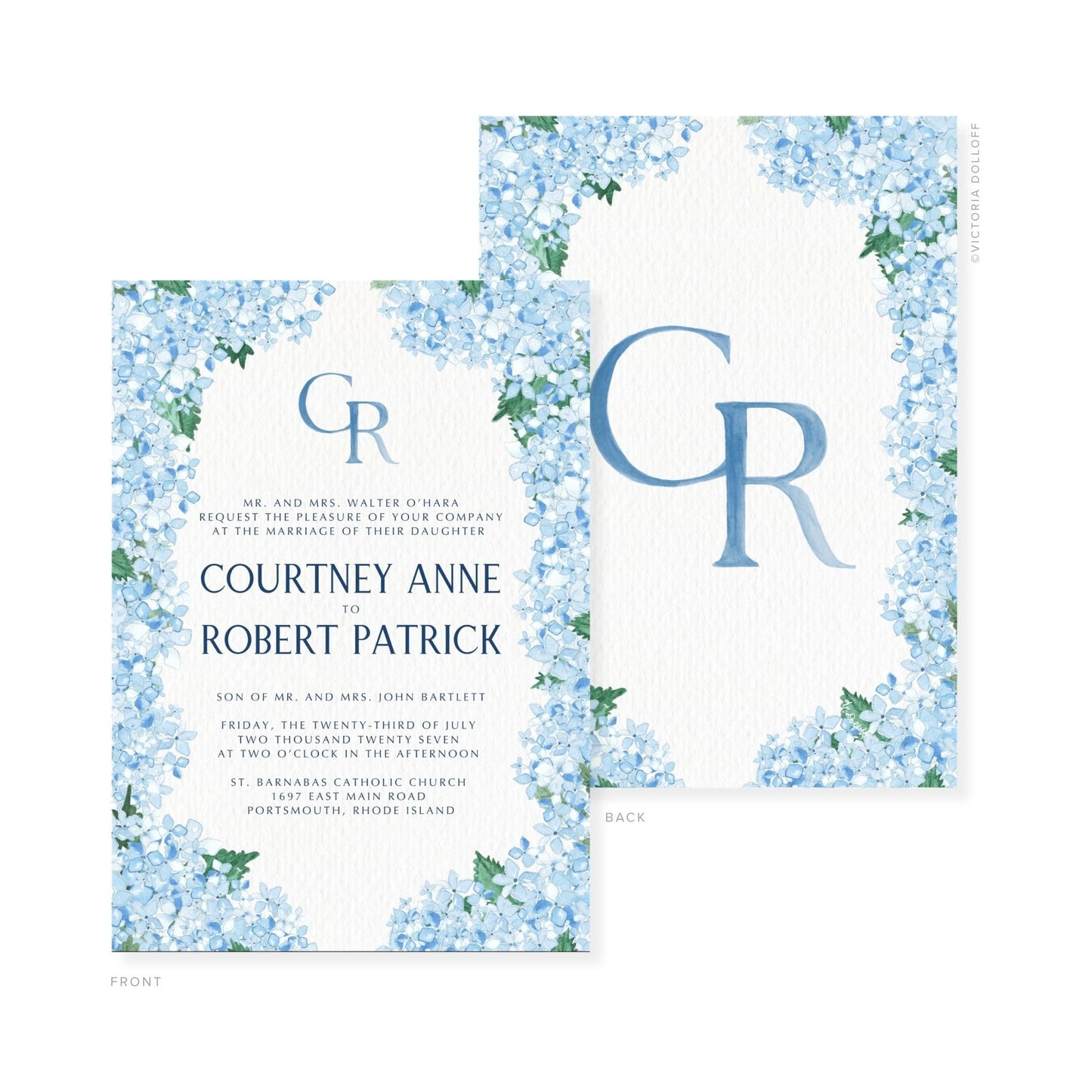 Watercolor wedding invitation with blue monogram GR and text for Courtney Anne & Robert Patrick