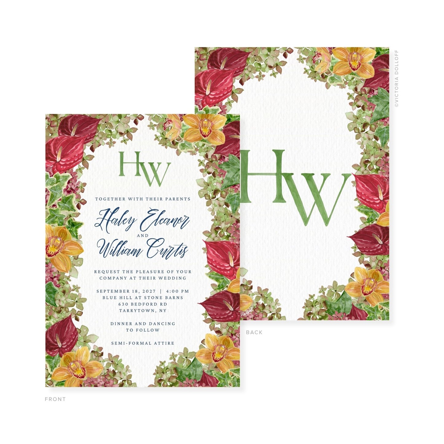 Front and back watercolor wedding invitations with floral border and green HW monogram