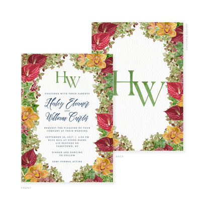Front and back watercolor wedding invitations with floral border and green HW monogram