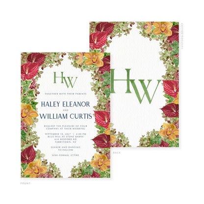 Front and back watercolor cards with floral border and HW monograms