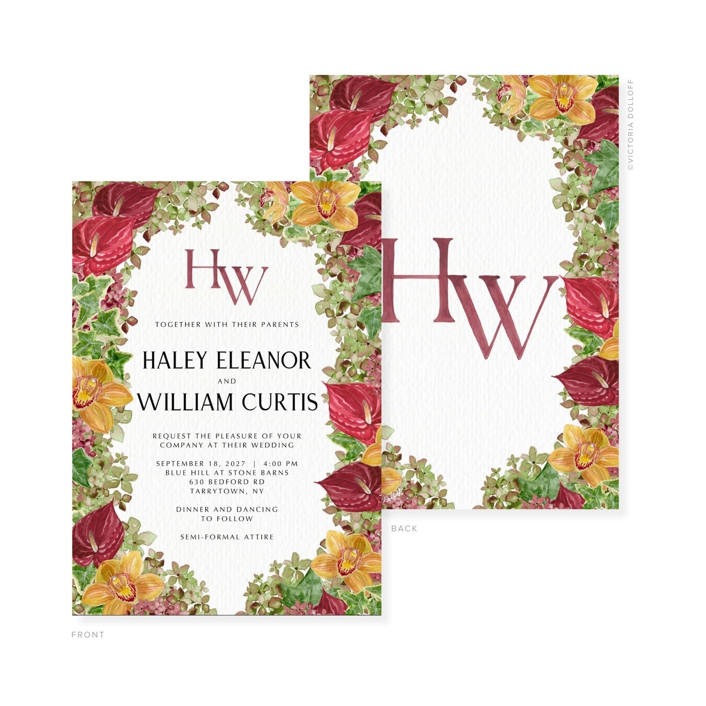 Wedding invitation with “HW” monogram, floral wreath design, and event details on front