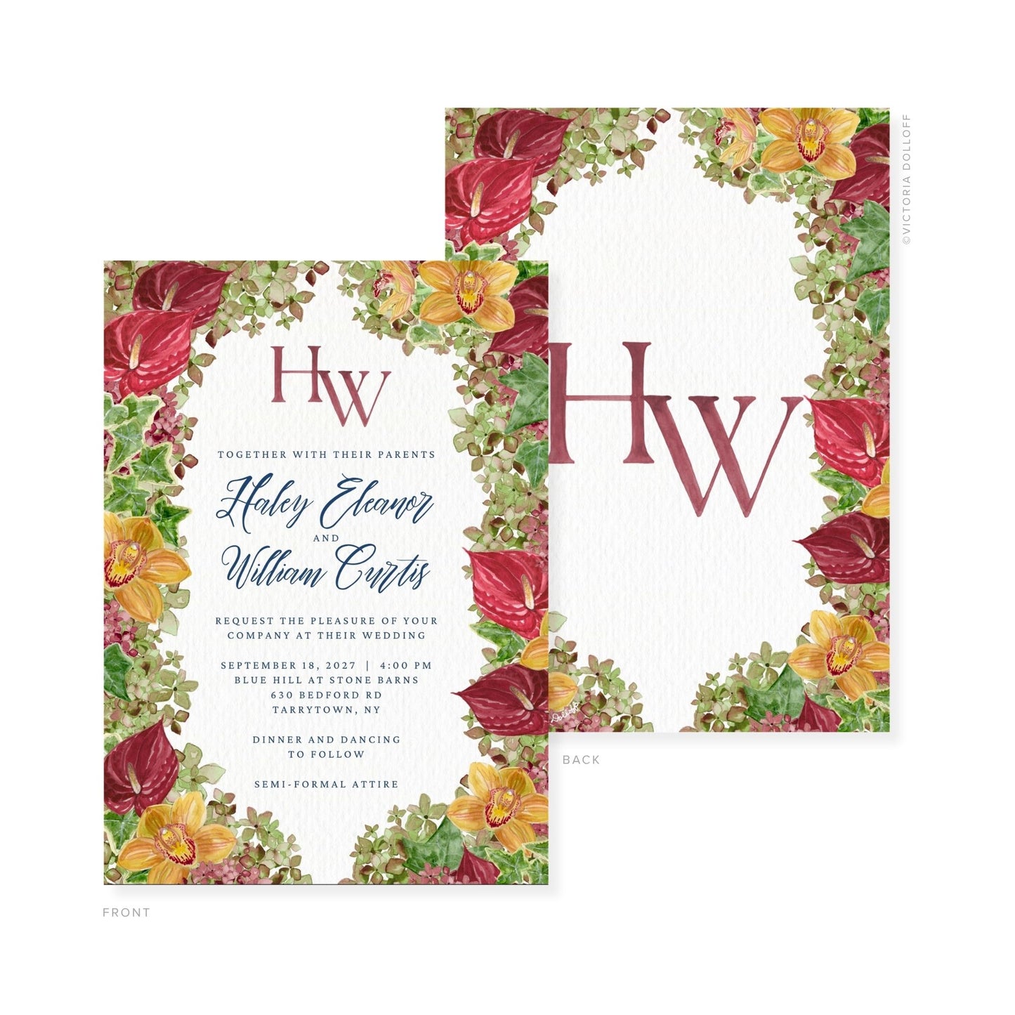 Watercolor wedding invitation with floral border, monogram HW, and event details text