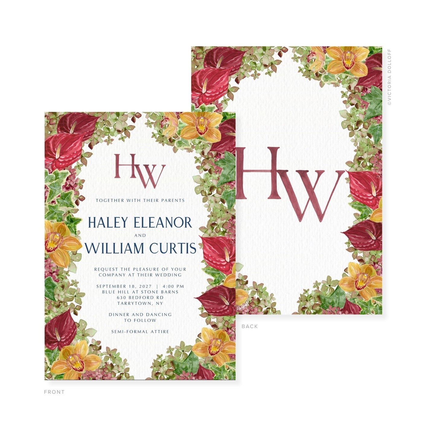 Watercolor floral wedding invitation with monogram “HW” and names “Haley Eleanor” and “William Curtis”