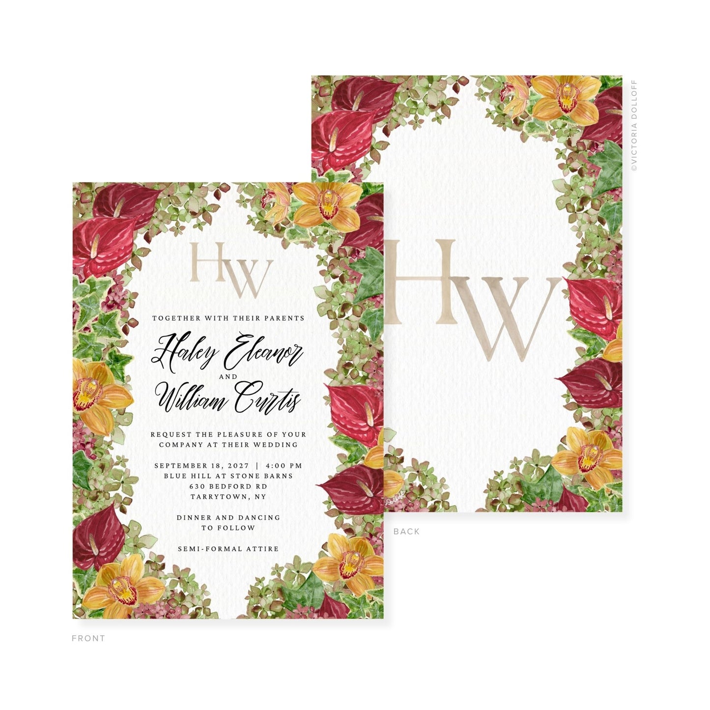 Floral watercolor wedding invitation: front text layout with monogram “HW” and ceremony info