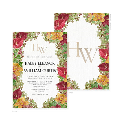 Floral watercolor wedding invitation set; back card shows “BACK” label next to “HW” monogram