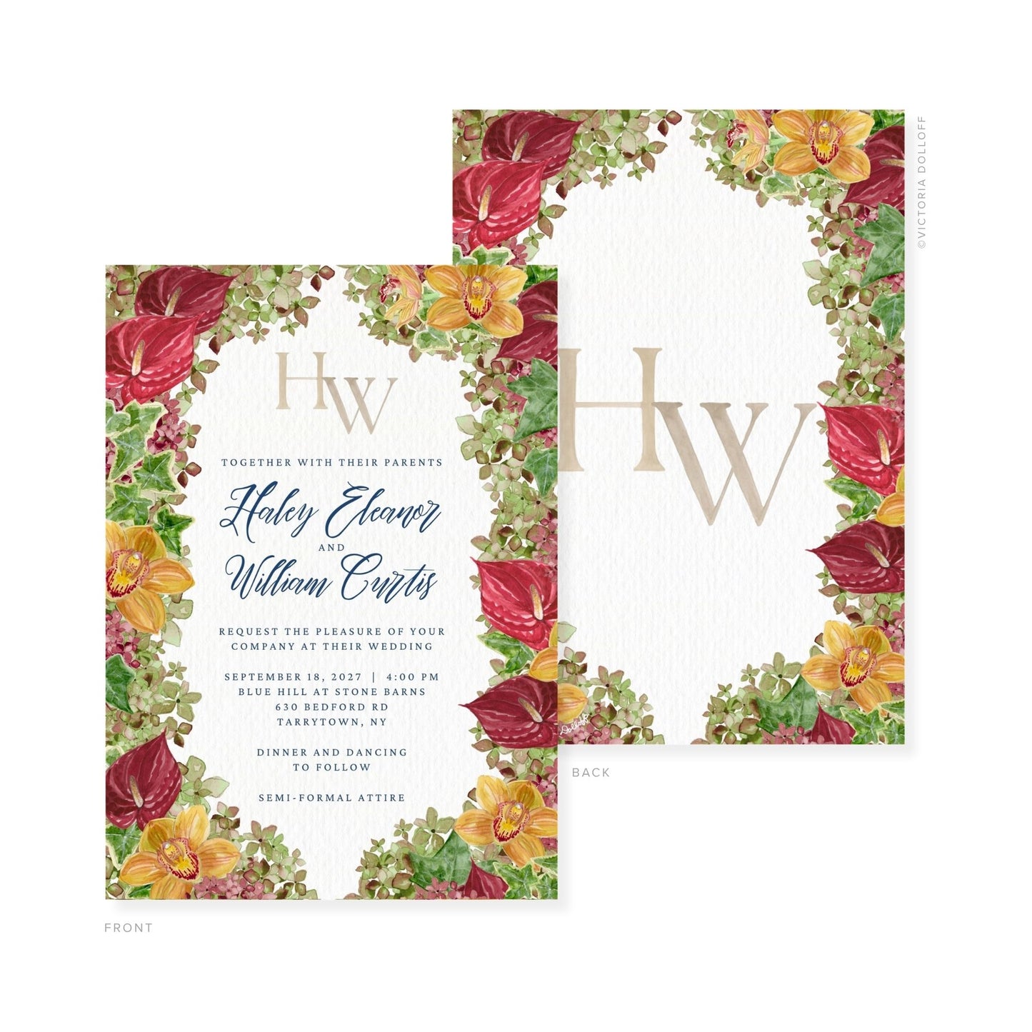Watercolor wedding invitation featuring “HW” monogram with couple names and RSVP wording