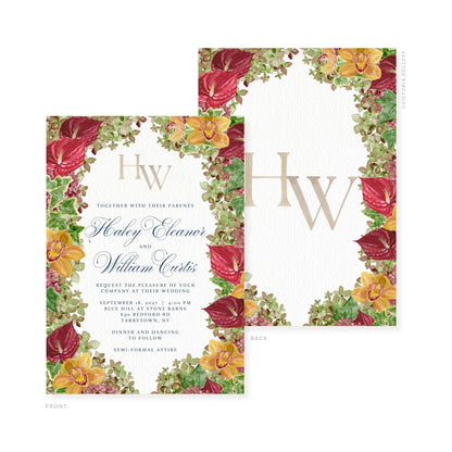 Watercolor floral invitation set showing front and back; front includes “HW” monogram